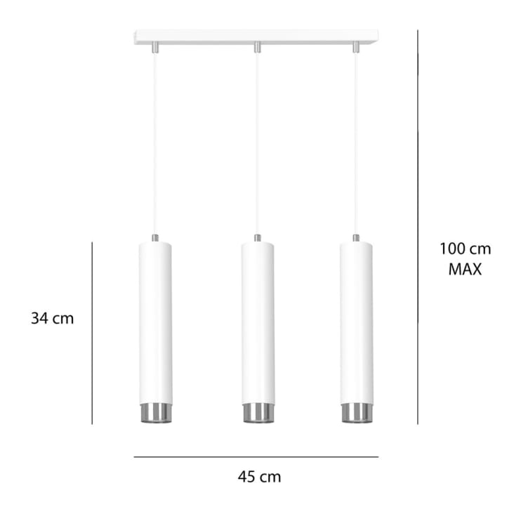 Lampada a sospensione elegante 3 luci cilindriche bianche e cromate MURA