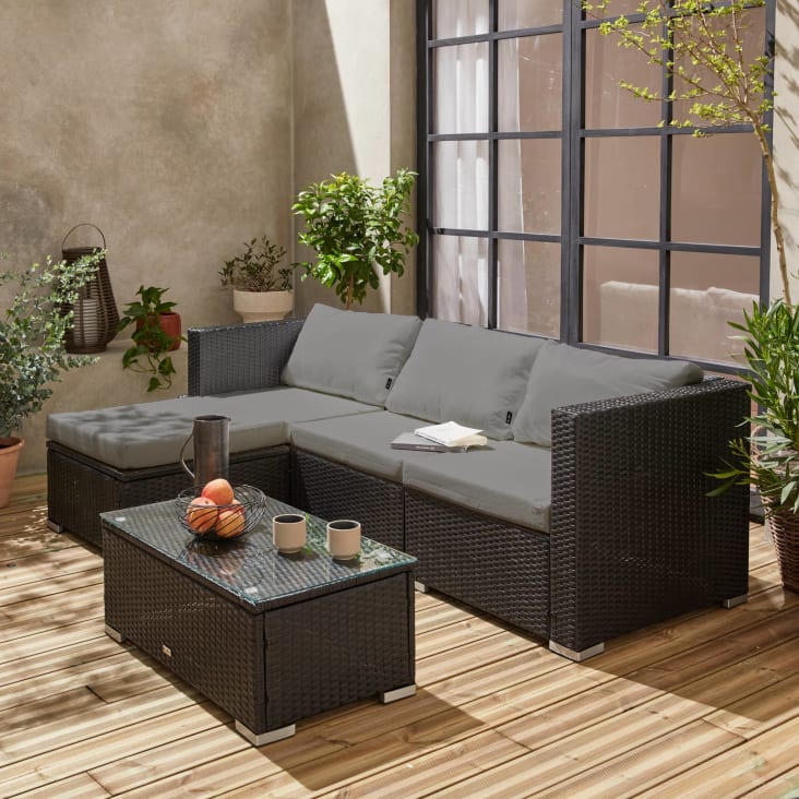 Salon de Jardin en résine tressée noire + coussin tissu gris