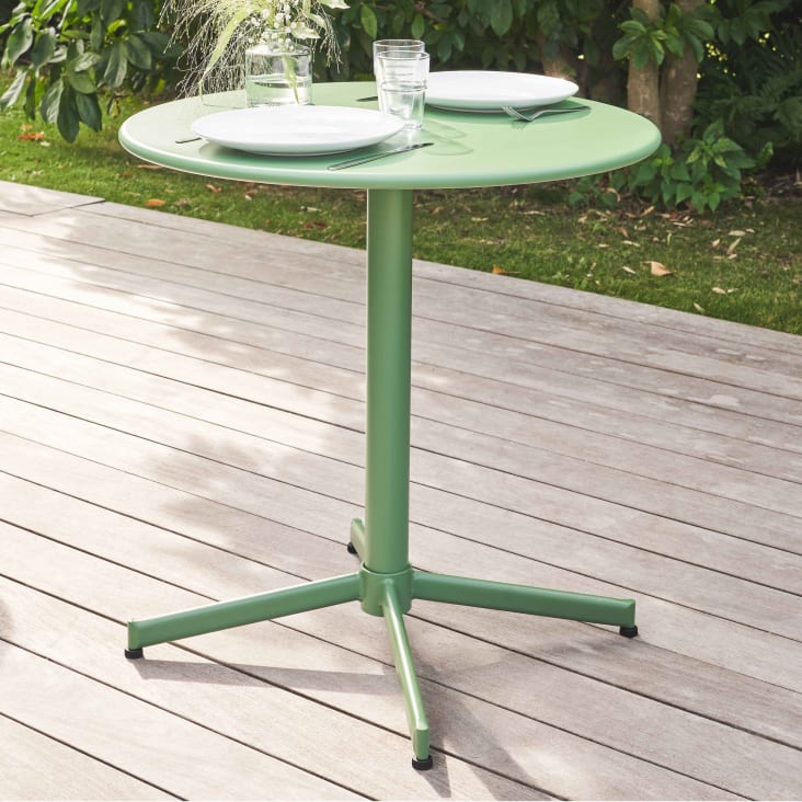 Table de jardin ronde bistro inclinable en acier vert sauge 70cm-Palavas cropped-3
