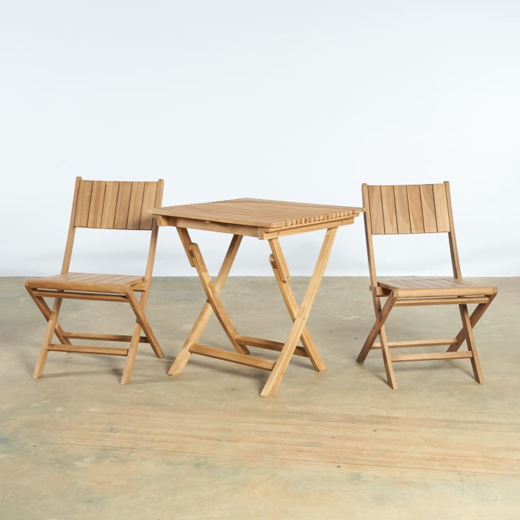 Conjunto terraza mesa de teca cuadrada 70 cm y 2 sillas plegables