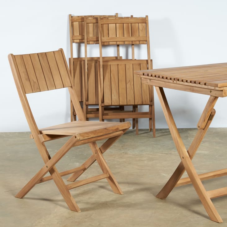 Conjunto de jardín en madera de Teca de 1 Mesa redonda de 80 cm y 2 sillas  plegables textileno color gris topo