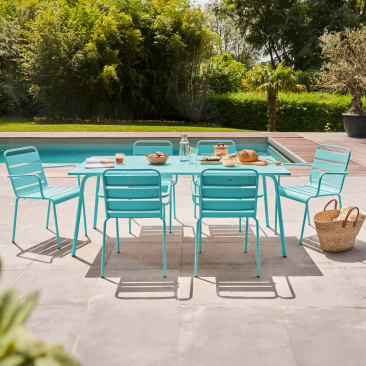 Oviala Set Giardino Palavas - Tavolo Rettangolare 180x90 Cm E 8 Sedie Impilabili In Acciaio, Grigio Antracite, Antiruggine