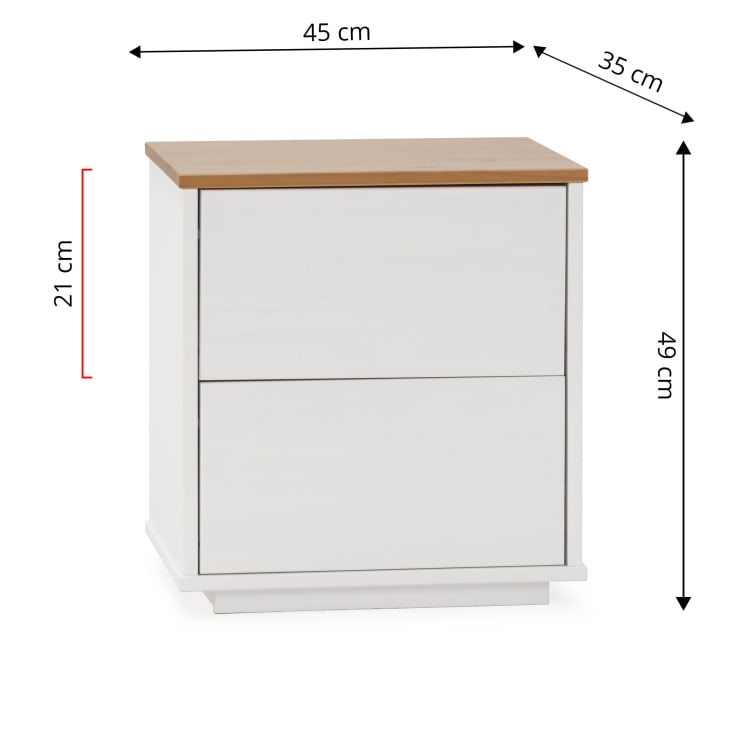 Comodino 2 cassetti bianco/rovere, legno massello BOB