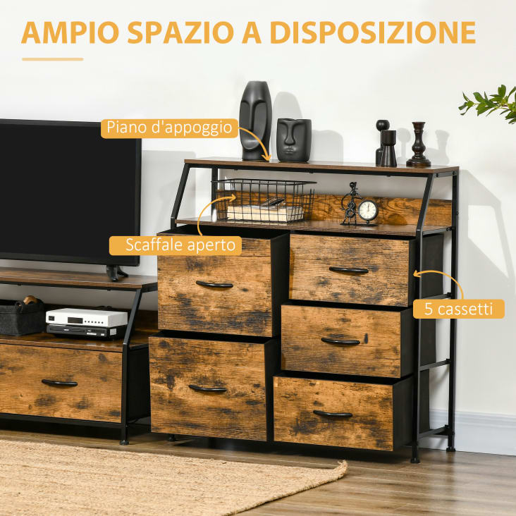 Cassettiera 5 Cassetti HOMCOM Stile Industriale - Pieghevole 83.5x29x87cm Marrone - Foto 4