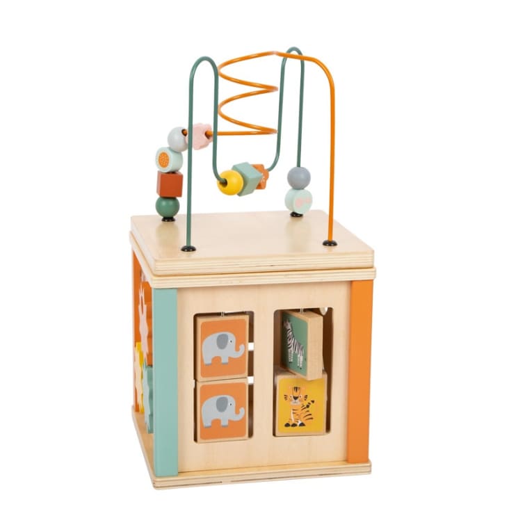 Jollein Cube De Motricité Deep Sea Vert Olive Nougat Biscuit - Jouet Bébé 13x13cm Avec Miroir, Crécelle Et Anneau