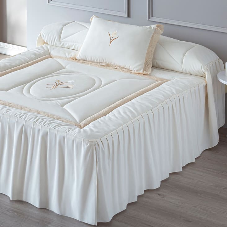 Colcha edredón bordado relleno 200 gr cama 90 flores blancas MILAN