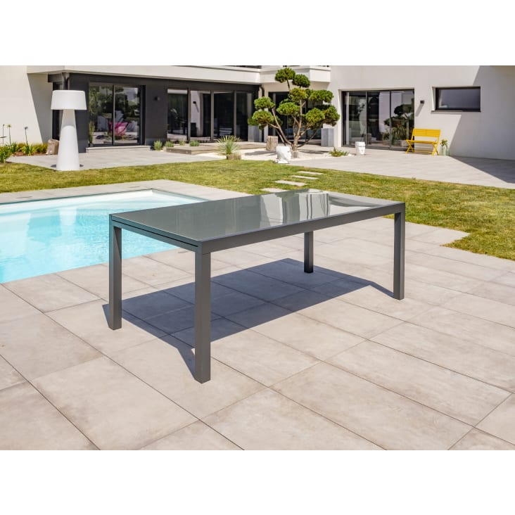 Table de jardin 12 places en aluminium anthracite et plateau verre