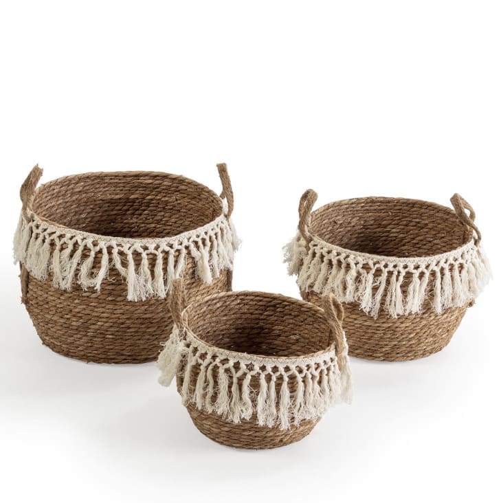 Set Da 3 Cestini Decorativi In Ferro E Legno Con Fodera In Tessuto Beige - Organizer Multiuso Per Bagno, Cucina, Camera E Ufficio