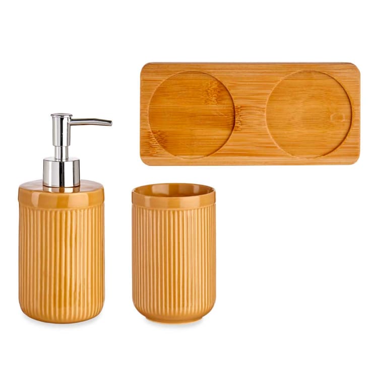 Set salle de bain jaune en céramique et plateau bambou