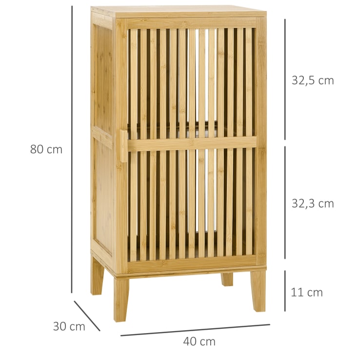 Rangement porte 2 niveaux étagère façade à lattes bois de bambou verni