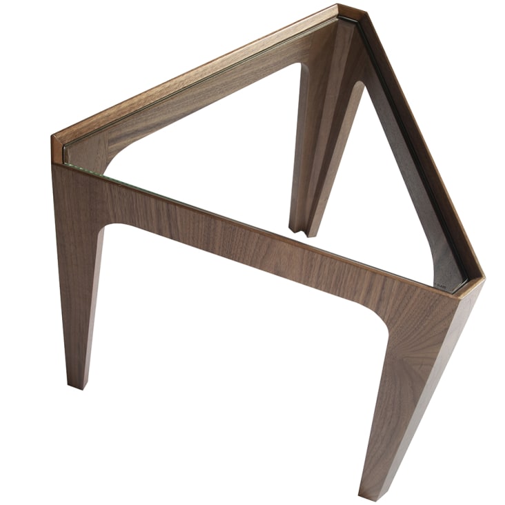 Tavolino angolare triangolare in vetro e legno di noce
