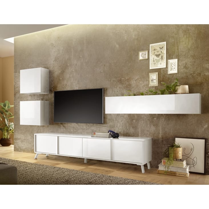 Mobile Porta TV Bianco con 4 Ante 220 cm Madia Bassa per Soggiorno