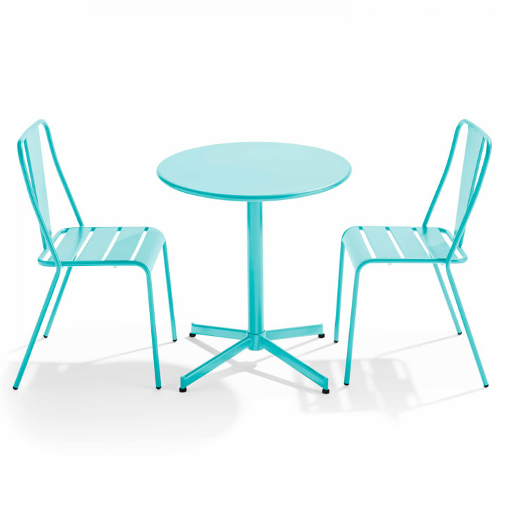 Ensemble table ronde et 2 chaises de jardin bistrot en métal turquoise-Palavas