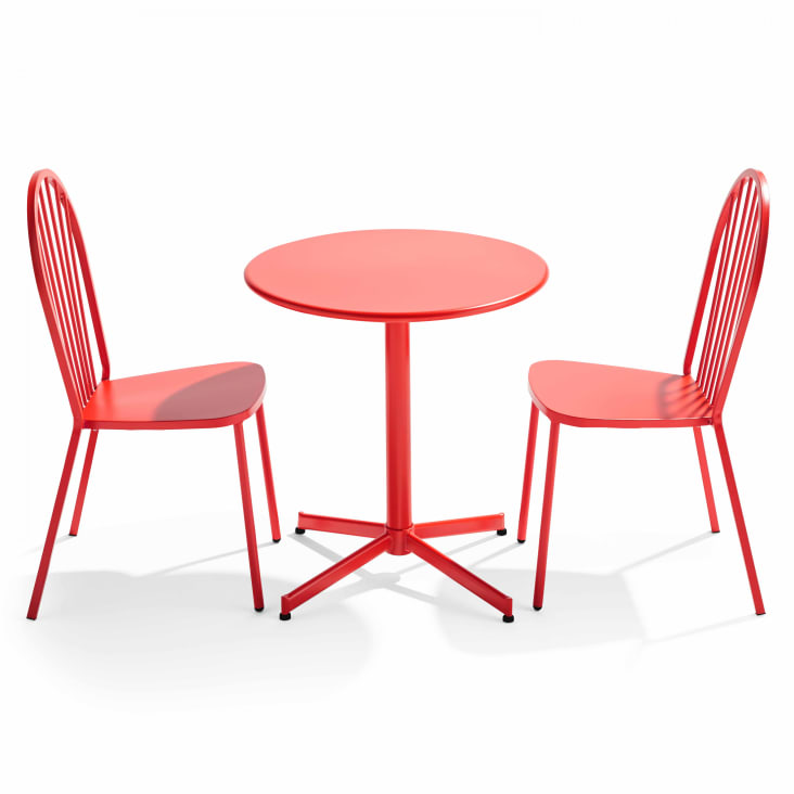 Ensemble table ronde et 2 chaises de jardin bistrot en métal rouge-Palavas