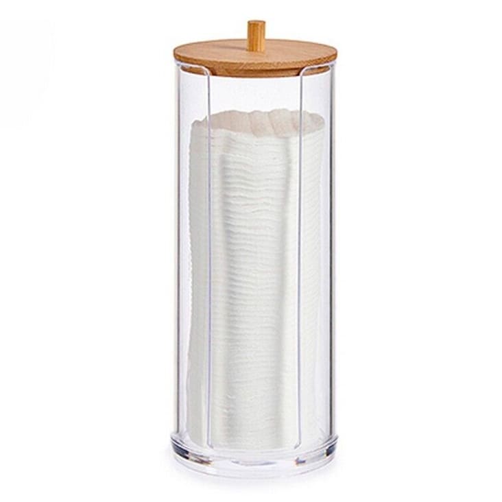 Distributeur coton-tiges transparent et bambou 9x6.5x8cm