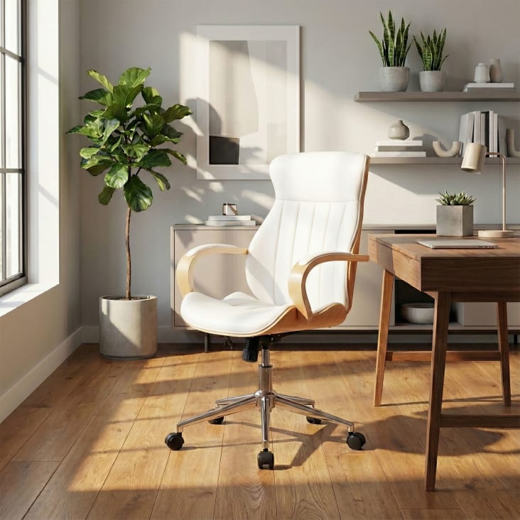 Chaise De Bureau Ergonomique En Similicuir - Fonction Pivot Et Bascule - Hauteur Réglable - Couleur Crème - 120 Kg Max - 8