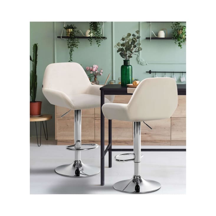 Sgabello Bar Regolabile Con Schienale - Similpelle Crema E Telaio Nero | Altezza 63-83cm | Portata 120kg