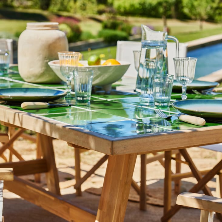 Set tavola in ceramica verde 205x105 + 6 sedie in tessuto beige