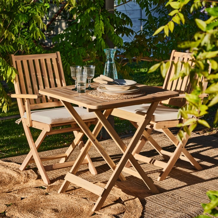 Conjunto de jardín comedor mesa plegable redonda 90cm + 4 sillas madera y  textileno beige - Java Light - Kerama