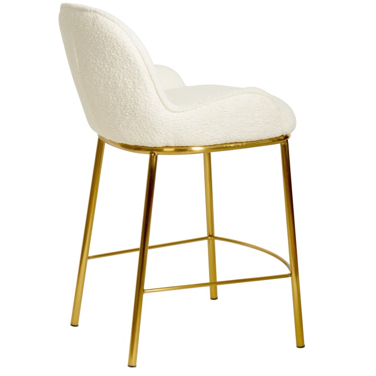 Chaise de bar en tissu bouclette Écru et métal doré brossé-Alvin cropped-2