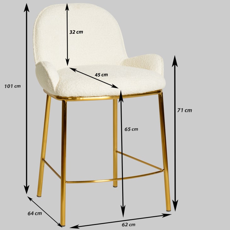 Chaise de bar en tissu bouclette Écru et métal doré brossé-Alvin cropped-8