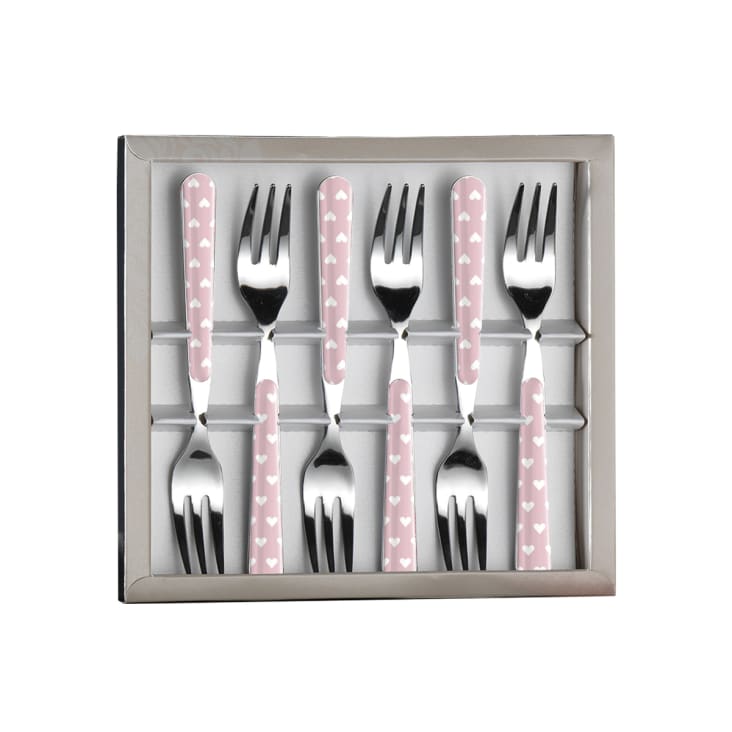 Set 6 forchette dolce acciaio inossidabile manico effetto porcellana  CUORICINI ROSA