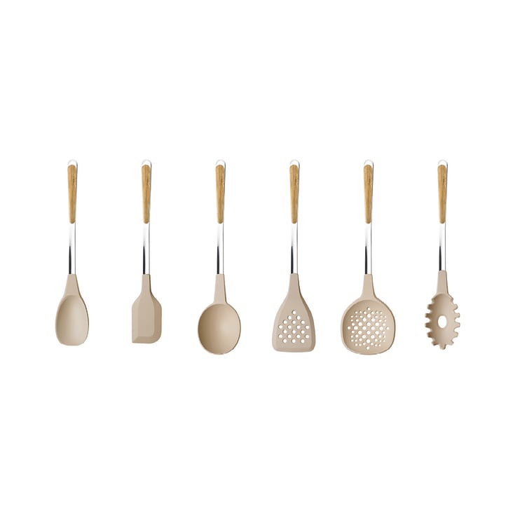 Set utensili da cucina acciaio inossidabile manico effetto legno PINO  CHIARO