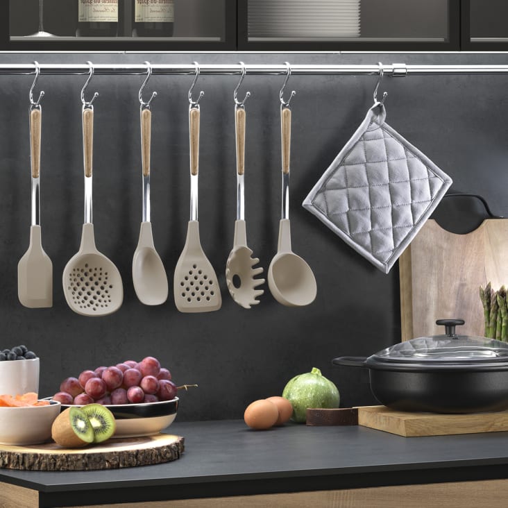 Set utensili da cucina acciaio inossidabile manico effetto legno PINO  CHIARO