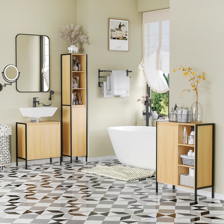 Meuble salle de bain - multi-rangement - acier noir aspect bois clair