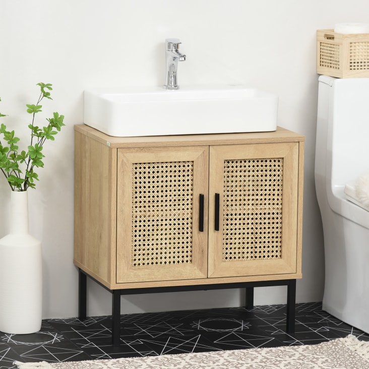Meuble salle de bain - multi-rangement - acier noir aspect bois