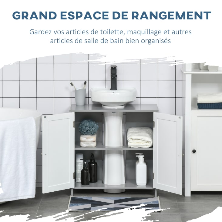 Meuble salle de bain - meuble sous-vasque - placard 2 portes avec étagère -  dim. 60L x 30l x 60H cm - MDF gris blanc - Colonne et meuble de rangement 