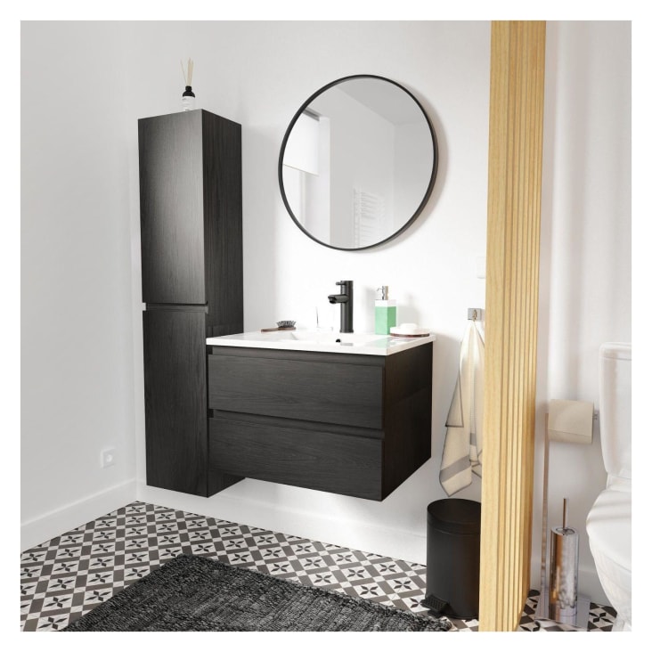 Meuble simple vasque 60cm  Noir +vasque+robinet noir+miroir+colonne-Sorrento cropped-7