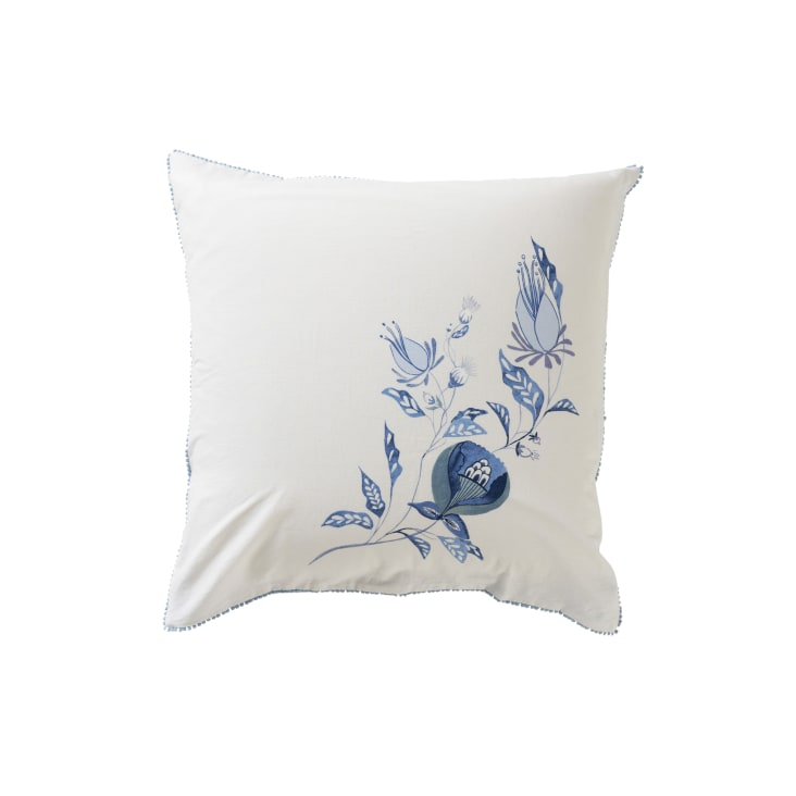 Taie d'oreiller carrée lin et coton lavé imprimé bleu 64 x 64 cm-Madeleine