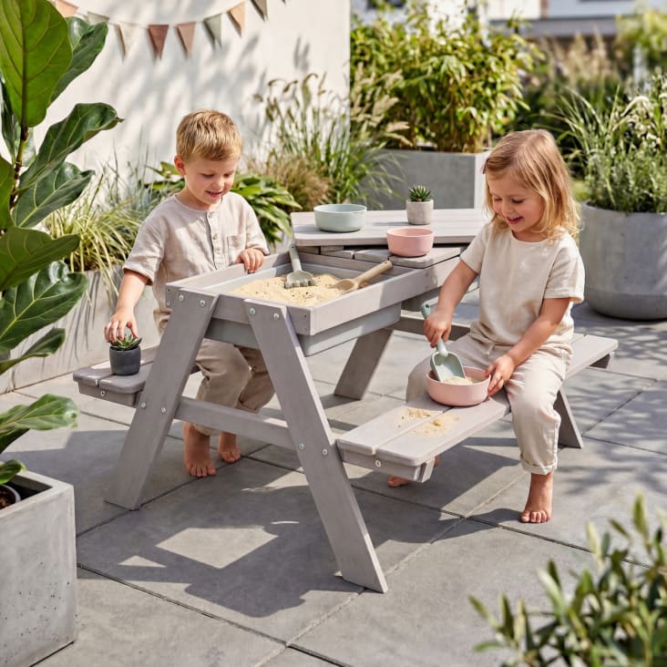 Set Seggiolini Bambini Meppi Amrum - Tavolo E Panche Legno Con Ombrellone Grigio/bianco