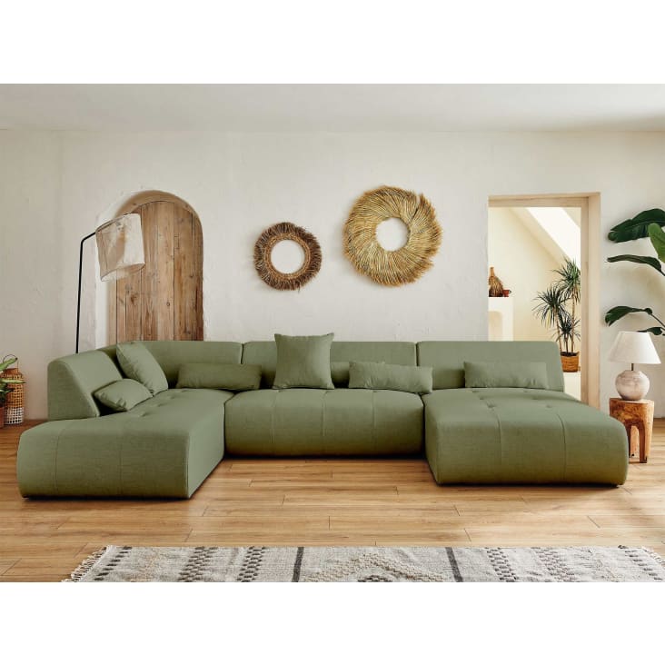Canapé panoramique 7 places angle gauche en tissu vert sauge-Onyx cropped-6