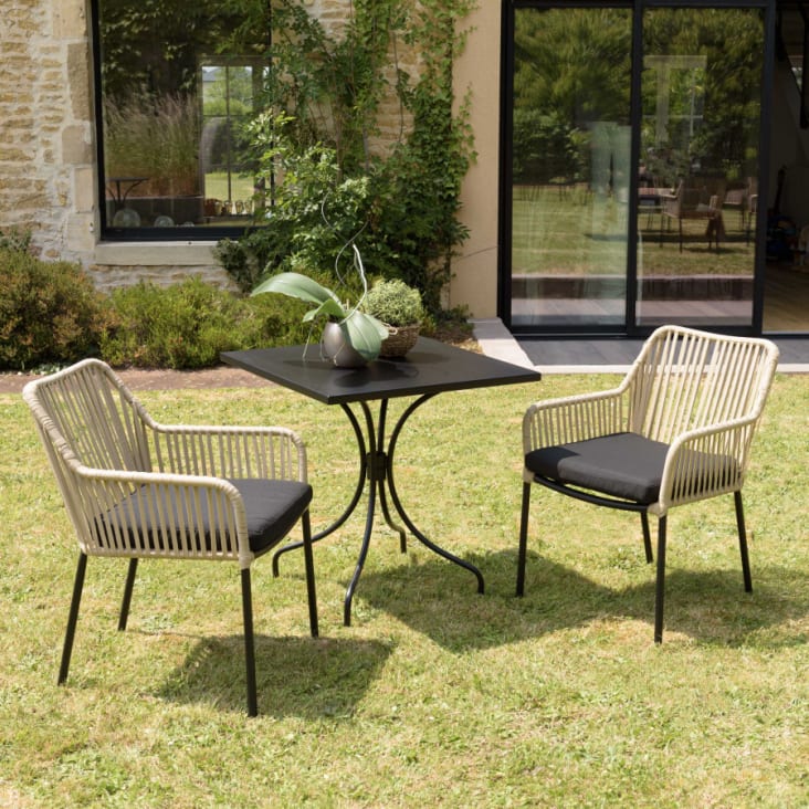 Salon de jardin 2 personnes en acier - 1 table ronde 70x70cm et 2 chaises  en textilène marron