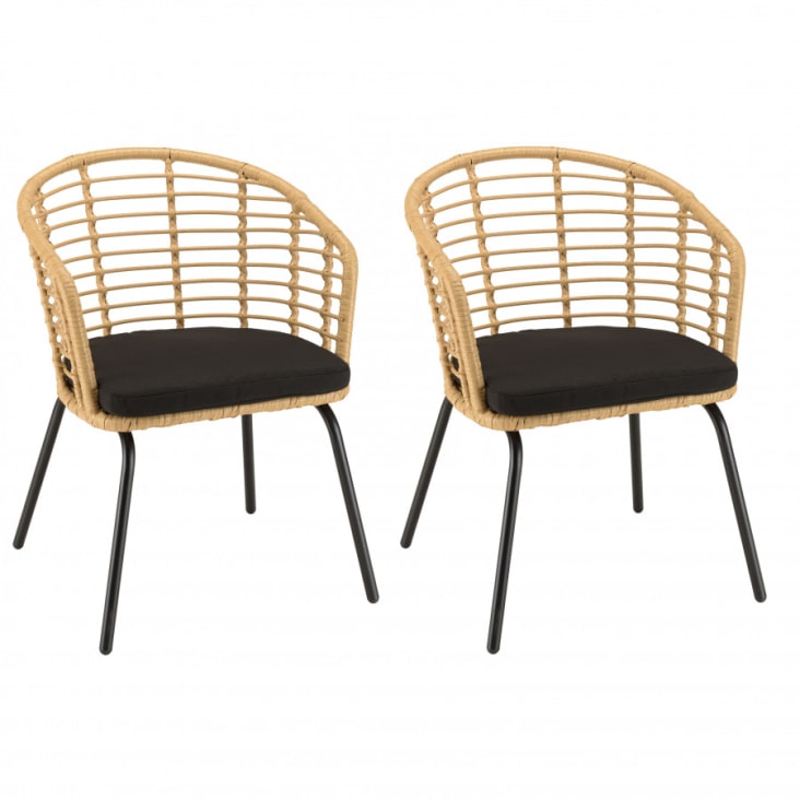 Salon de jardin 2 personnes Table ronde 70x70cm et 2 chaises beiges et  noires en rotin synthétique