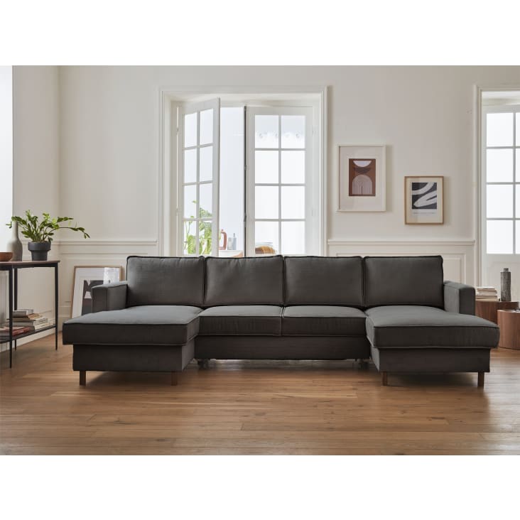 Wohnlandschaft U form 7 Sitzer aus geripptem Samt Dunkelgrau Jake Maisons du Monde