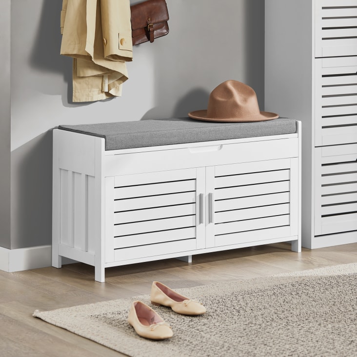 Banc à Chaussures Avec Siège BAKAJI - Meuble Rangement 2 Étagères Bambou Avec Porte Et Assise Rembourrée 50x33x44cm