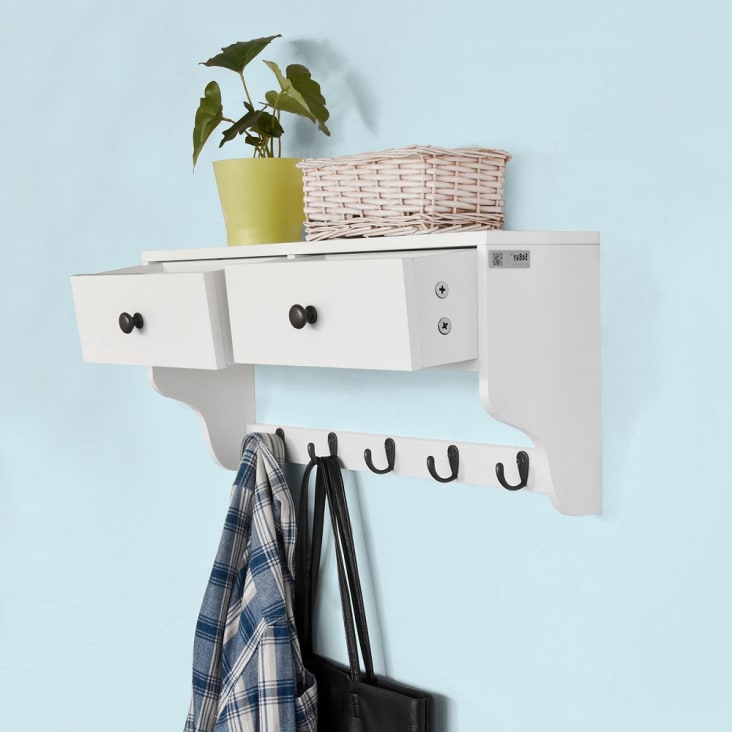 Etagere murale 2 tiroirs 5 crochets effet bois blanc Maisons du Monde