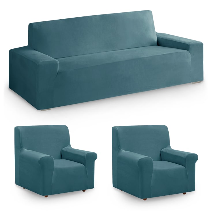 Pack 3 unidades Funda sofá velvet 3 Plazas y dos de 1 Plaza azul PACK