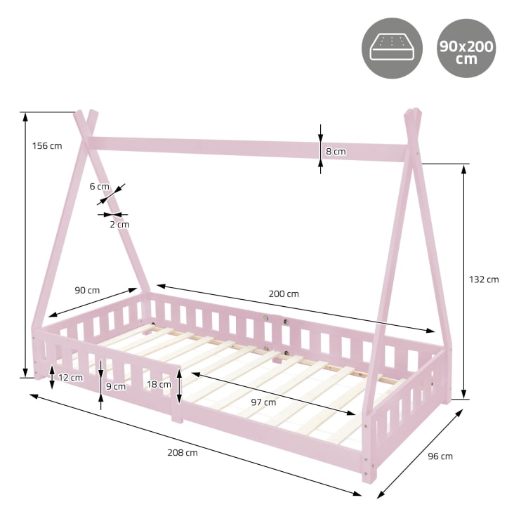 Lettino per bambini tenda indiano legno pino 90x200 cm materasso rosa