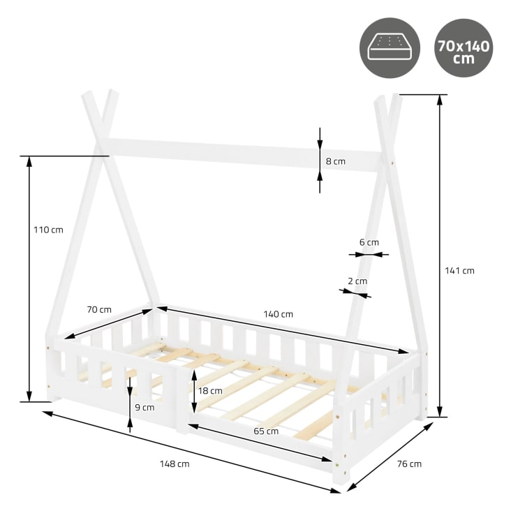 Letto Capanna Per Bambini BAÏTA - Pino Bianco, 70x140 Cm, Con Rete - Foto 4