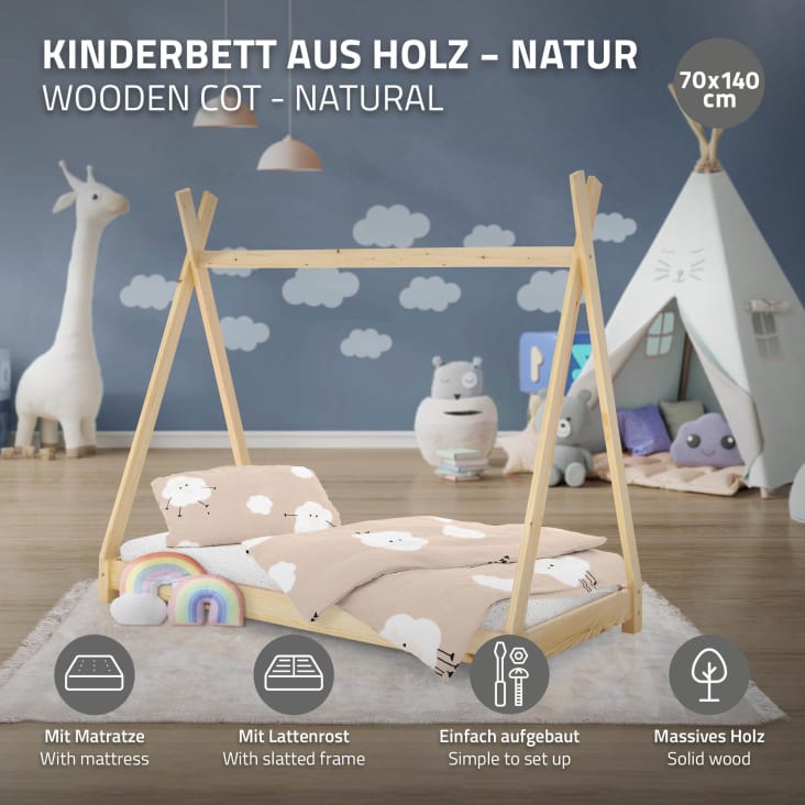 Lettino da bambini tenda indiana legno naturale 140x70 cm