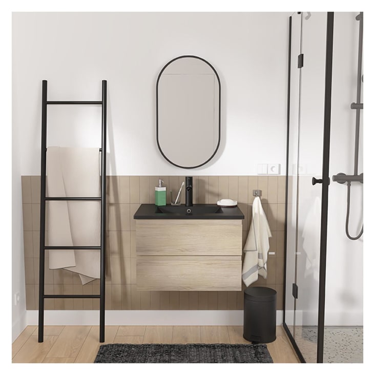 Meuble Vasque Sorrento 60cm - Décor Chêne Avec Vasque Céramique - 2 Tiroirs De Rangement - Salle De Bain