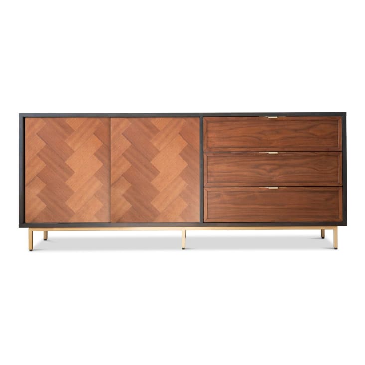 Credenza in legno scuro con ante scorrevoli e 3 cassetti