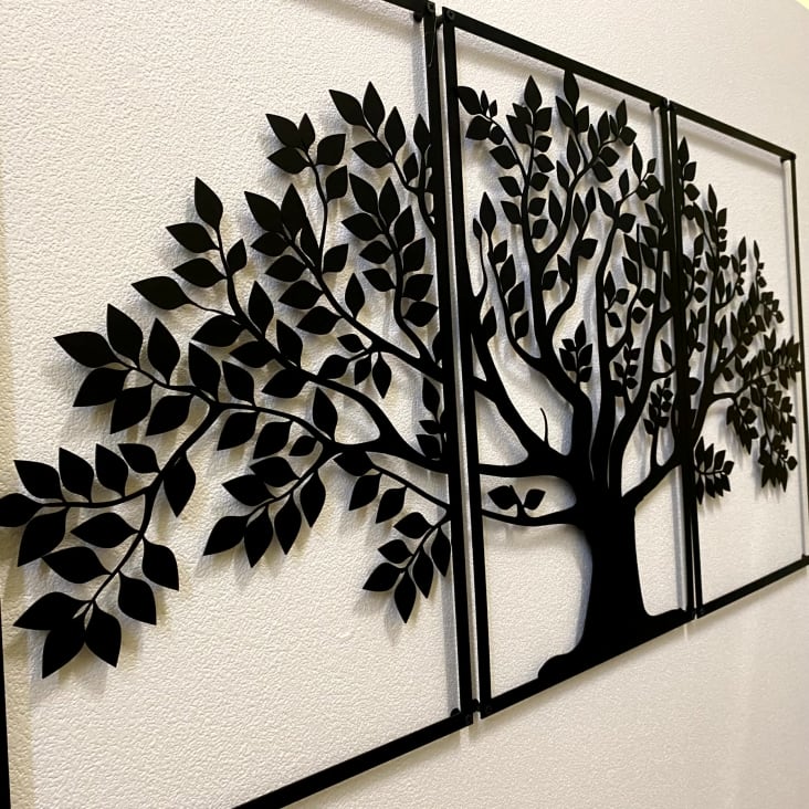 Décoration murale triptyque arbre de vie en métal noir 111x60 cm