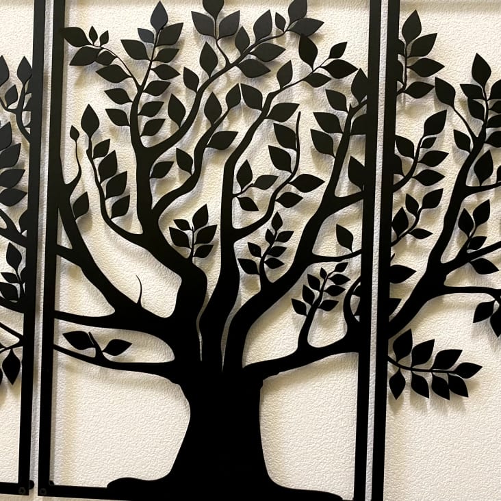 Décoration murale triptyque arbre de vie en métal noir 138x75 cm