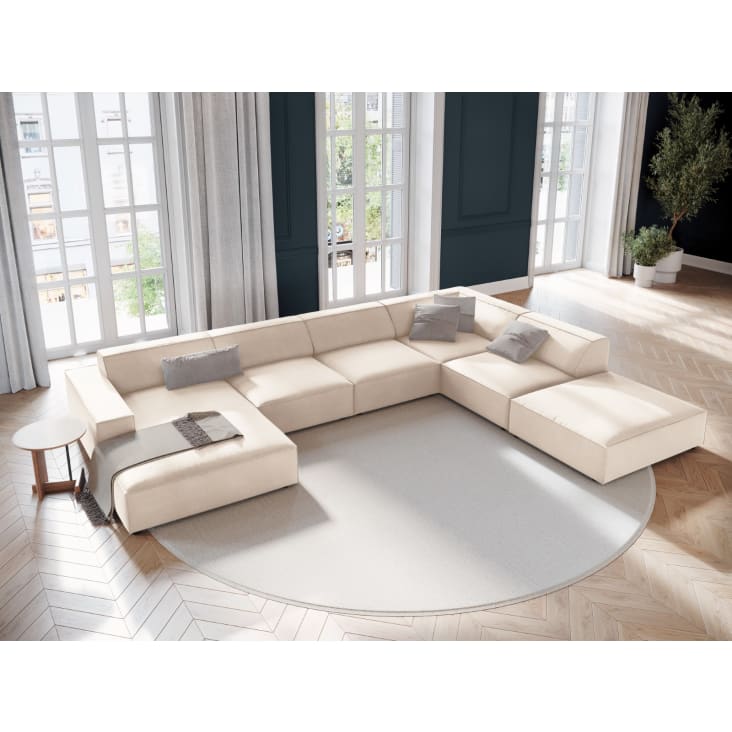Canapé d'angle droit panoramique 7 places en tissu velours beige clair-Jodie cropped-5
