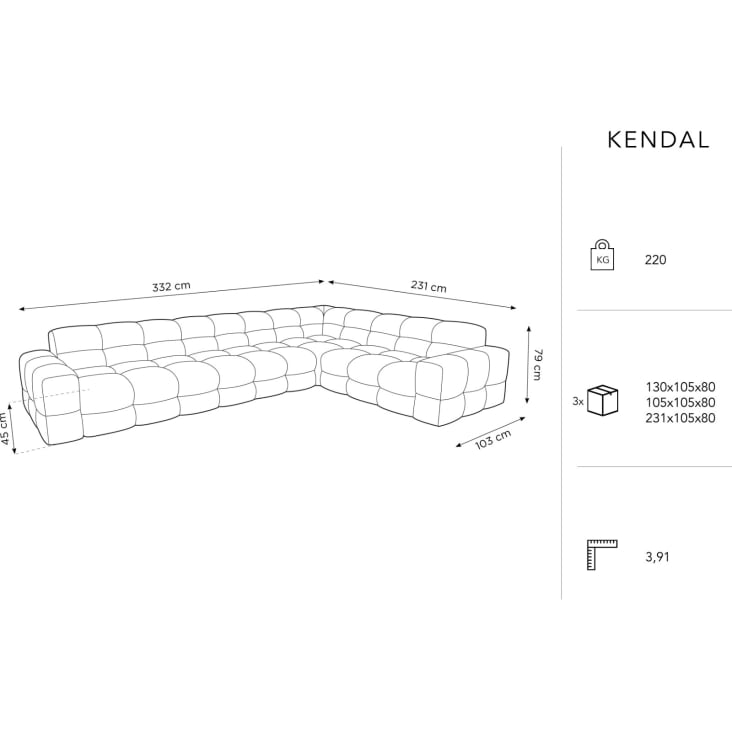 Canapé d'angle droit 6 places en tissu velours gris clair-Kendal cropped-5
